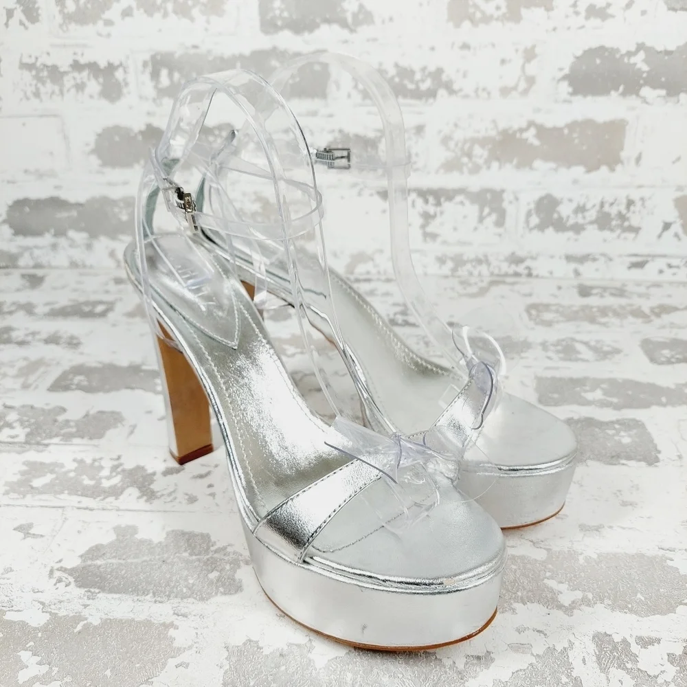 NEW SCHUTZ Silver Leather Platform High Heel Buckle Ankle Strap Sandals W491 - Picture 4 of 14